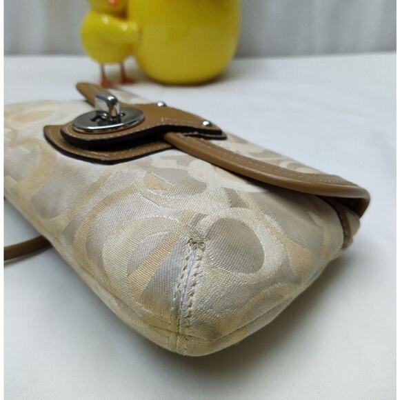 Coach Legacy Signature Beige Canvas Brown Leather Trim Flap Wristlet Coin Wallet - Picture 9 of 12